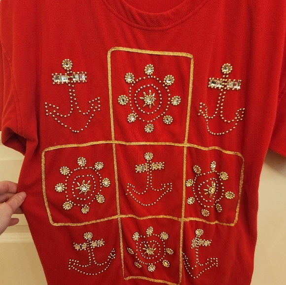 Victoria Harbour Vtg Red Short Sleeve Top Cruise Beach Size L Embellished #G214 - Picture 4 of 7